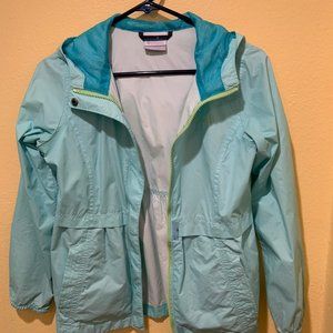 Columbia wind breaker jacket, size small, light turquoise blue